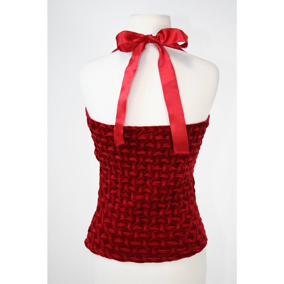 Y2k Wine Velvet Strapless Halter Top Bandeau Smocked Shirred Christmas Winter - Picture 5 of 8